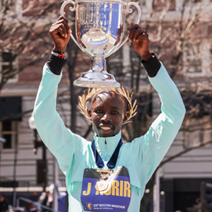 John Korir with Boston Marathon trophy