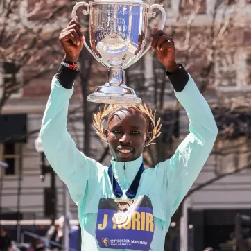 John Korir with Boston Marathon trophy