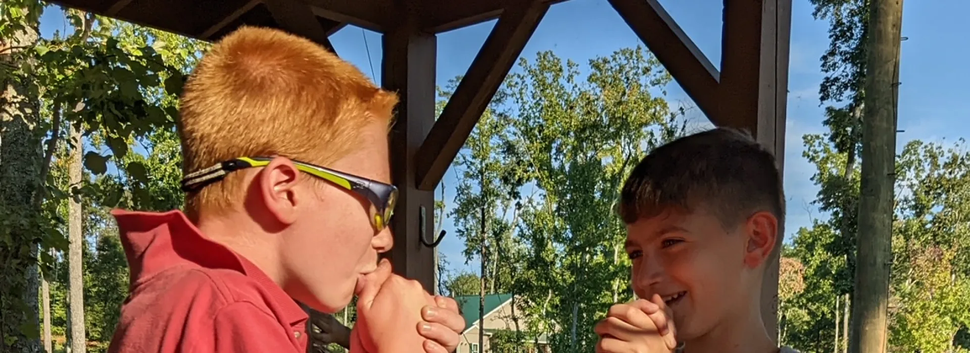 Two boys in a gazebo